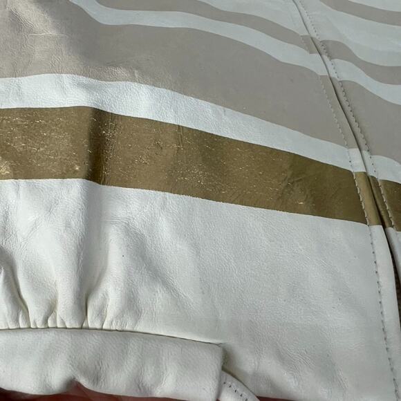 Chanel Lambskin Leather Jacket Women's Size 36 Beige & Gold Stripe Detail Zip - Picture 9 of 16